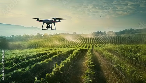 Lush green farmland modern drone equipped with advanced technology symbolizes intersection of agriculture and digital innovation aerial robot with whirring captures essence of futuristic farming