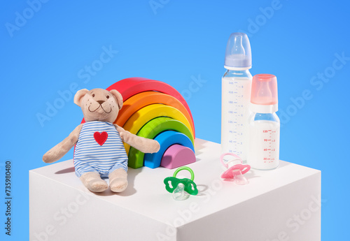 Child care and toys. Play fun time. Set of kid toys.