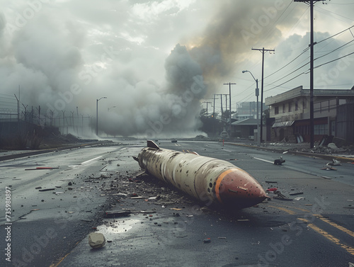 An unexploded missile lies in the aftermath of an urban explosion, smoke rising