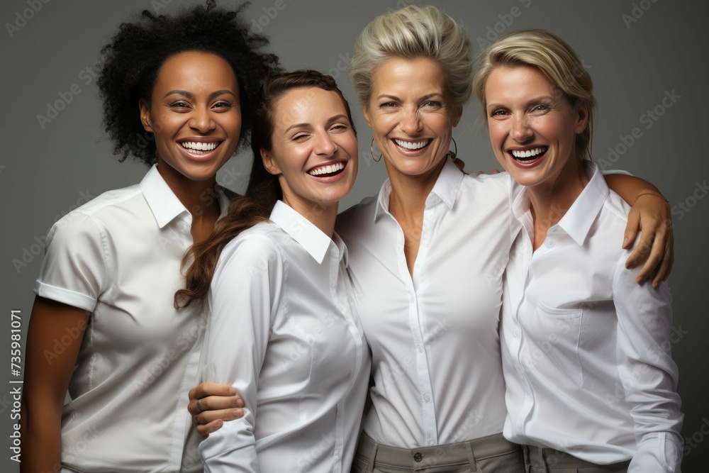 Female models of different ages celebrating their natural bodies in a studio. confident and happy women smiling cheerfully while wearing white shirts against a white background. models group advertisi Female models of different ages celebrating their natural bodies in a studio. confident and happy women smiling cheerfully while wearing white shirts against a white background. models group advertisi