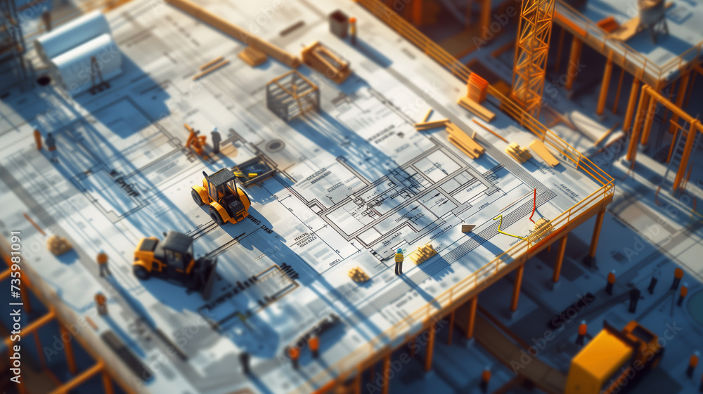 construction site with blueprints superimposed on the ground, illustrating the project's scale and layout. - obrazy, fototapety, plakaty 