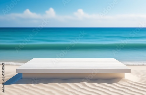 Podium on beach. Seashore with empty white stage. Blue ocean and sky with clouds. Empty scene for product presentation. Marketing promotion. Outdoors pedestal. Minimal showcase. Vacation scene © Mariya