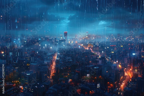Panoramic window showing a view of a night time city lit up with lights and rainy professional photography