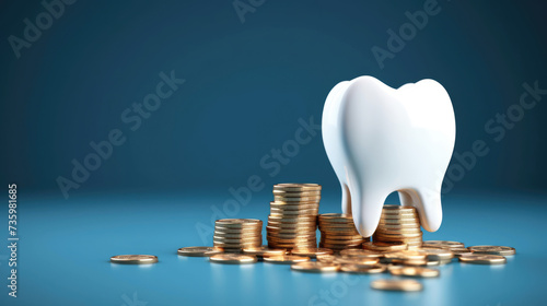 Tooth with coins on blue background. Expensive treatment. photo