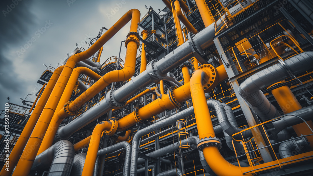 A close-up perspective of pipe racks and pipelines in an industrial zone, showcasing a mix of petroleum, chemical, hydrogen, and ammonia processing lines. A close-up perspective of pipe racks and pipelines in an industrial zone, showcasing a mix of petroleum, chemical, hydrogen, and ammonia processing lines.