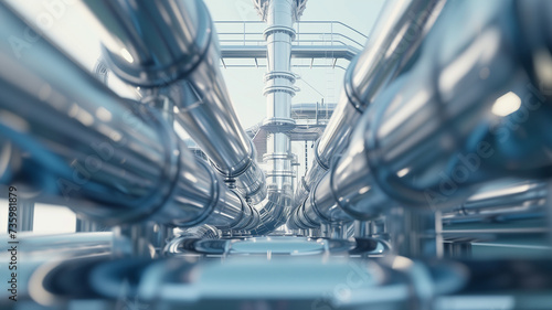 A close-up perspective of pipe racks and pipelines in an industrial zone, showcasing a mix of petroleum, chemical, hydrogen, and ammonia processing lines. photo