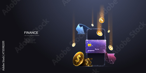 Money Cashback. Digital wallet and cash back. Abstract mobile phone, bank credit card. Circular arrows, and gold coins. Money transfer and payment. Polygonal colorful 3D wireframe vector illustration.