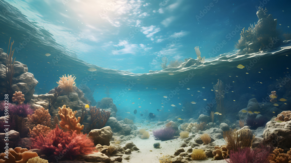 Underwater and blue sky background.