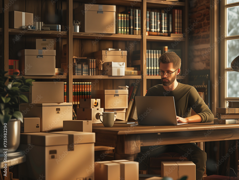A cozy home office setting where a young entrepreneur, male, is seated at a rustic wooden desk, using a laptop and smartphone to manage online sales. A cozy home office setting where a young entrepreneur, male, is seated at a rustic wooden desk, using a laptop and smartphone to manage online sales.