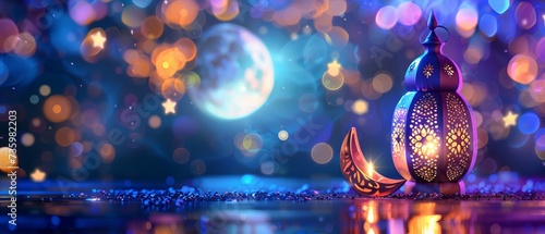 Ramadan Kareem - beautiful night scene with crescent moon, traditional lantern, and sparkling lights - celebration of Eid Ul Fitr photo