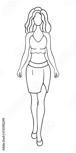 Fashionable young woman. Sketch. Vector illustration. A lady in a short top with one strap around the neck and a short pencil skirt with a slit at the hip. Doodle style. Girl with wavy hair. 