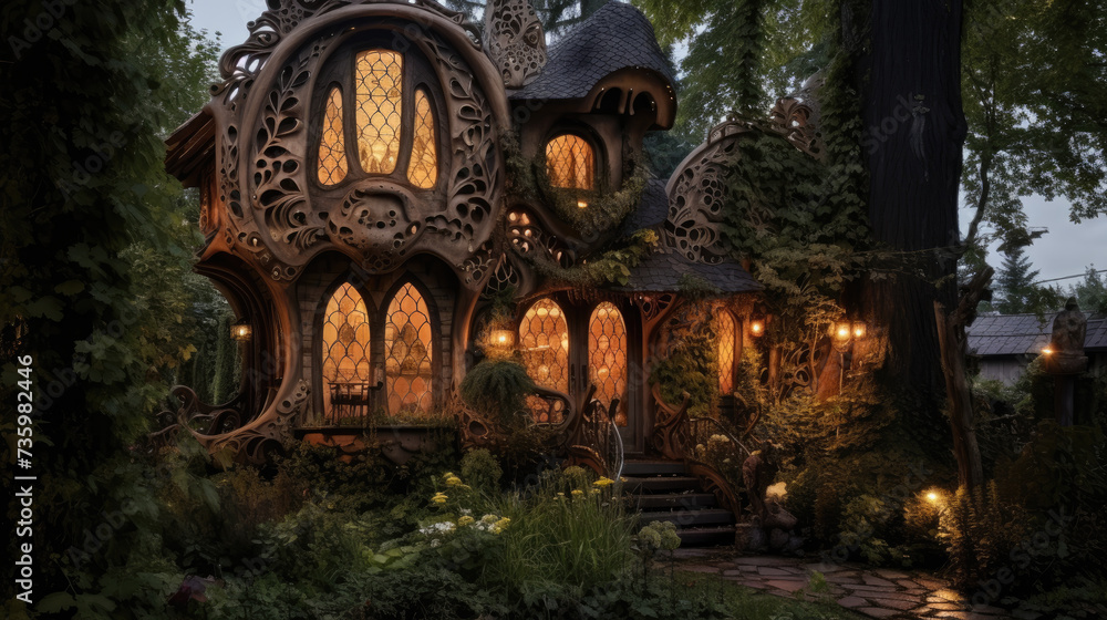 A charming moss-covered cottage in the heart of an enchanted forest with whimsical creatures frolicking in its mystical garden.