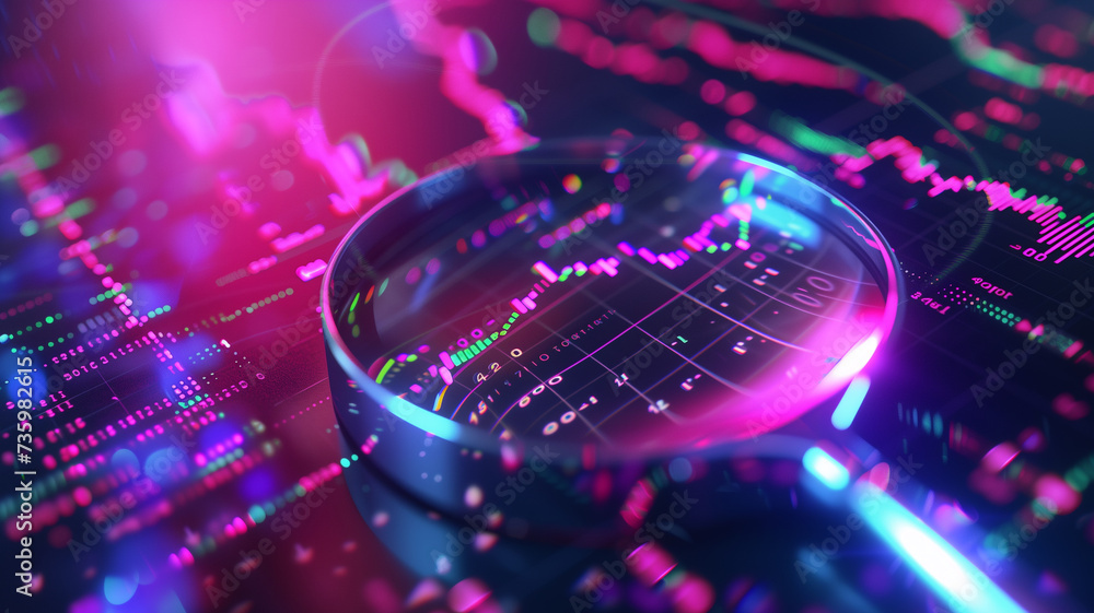 SEO optimization, charts under a magnifier, neon ultraviolet digital interface. SEO optimization, charts under a magnifier, neon ultraviolet digital interface.