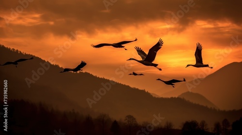 Silhouettes of flying birds at sunset