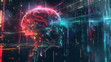 AI brain, motherboard patterns, against a dark space.