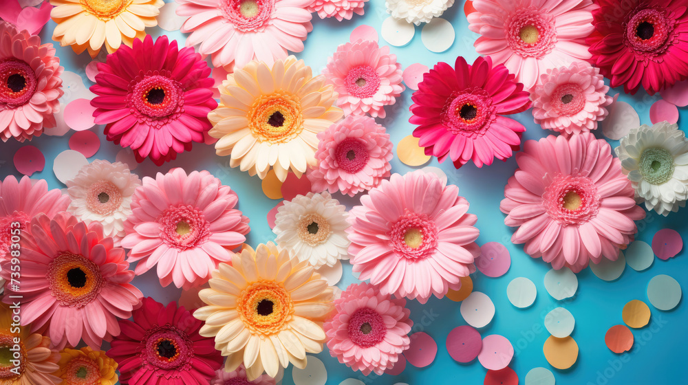 Vibrant flat lay with gerbera daisy flowers on background with confetti Vibrant flat lay with gerbera daisy flowers on background with confetti