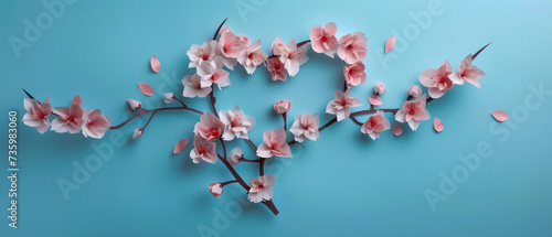 blank greeting card mockup  Cherry blossom branch. Blank space inside in shape of heart for text.