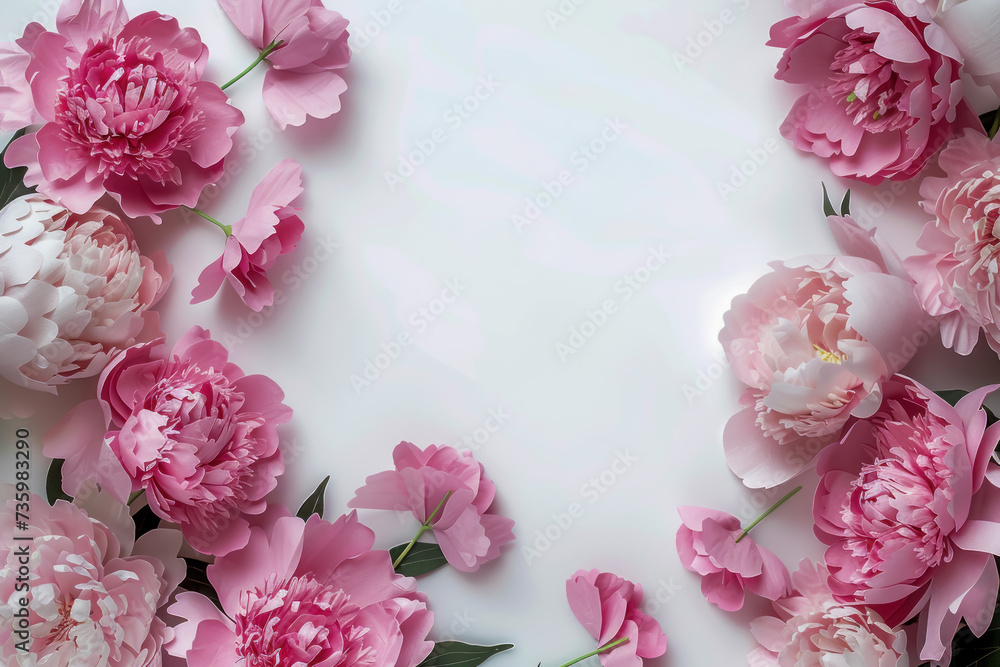 blank greeting card mockup, Pink peony flower bouquet against white background.