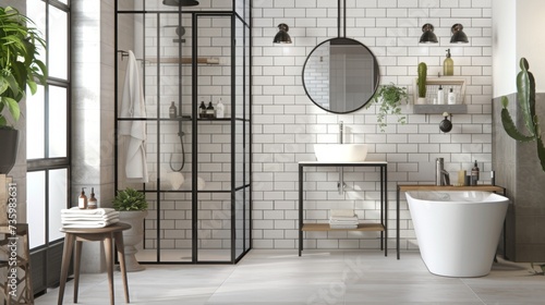 Chic Monochrome Bathroom with Striking Black-Framed Shower Enclosure