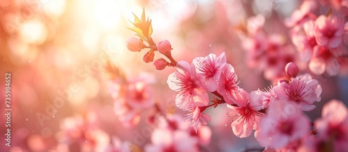Vibrant pink cherry blossoms under the sunlight in a serene setting
