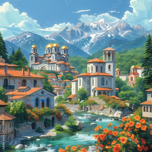 Idyllic Mountain Village with Historical Architecture and Nature Scenery