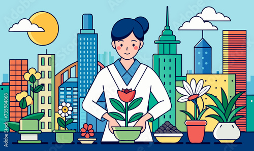 A young woman who practices and finds solace and meaning in the harmony of nature amidst the bustling city of Tokyo.
