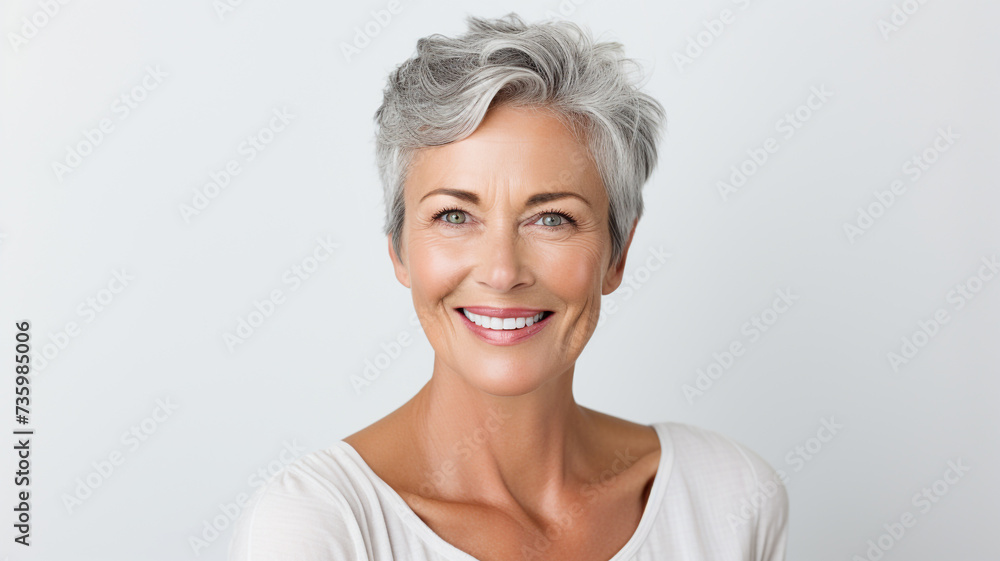 portrait of happy middle aged woman looks at camera on white background portrait of happy middle aged woman looks at camera on white background