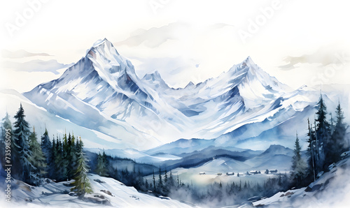 svowy watercolor of high mountains
