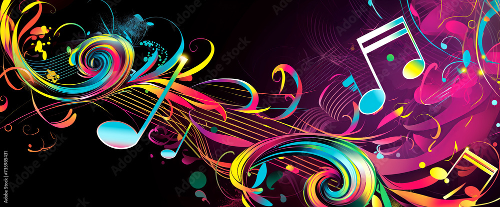 Illustration about music. Treble clef and musical notation on black background.