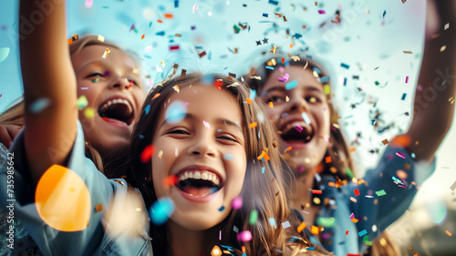 Joyful children with confetti representing celebration, party, joy, childhood, friendship and happiness.