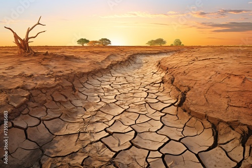 a dry cracked earth with trees in the background