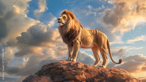 Single lion looking regal standing proudly on a small hill © buraratn