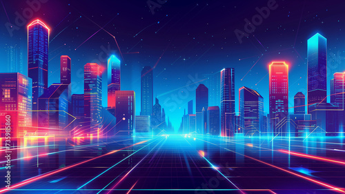 A vivid cyberpunk cityscape at night, with futuristic technology line backgrounds and dynamic neon light effects.