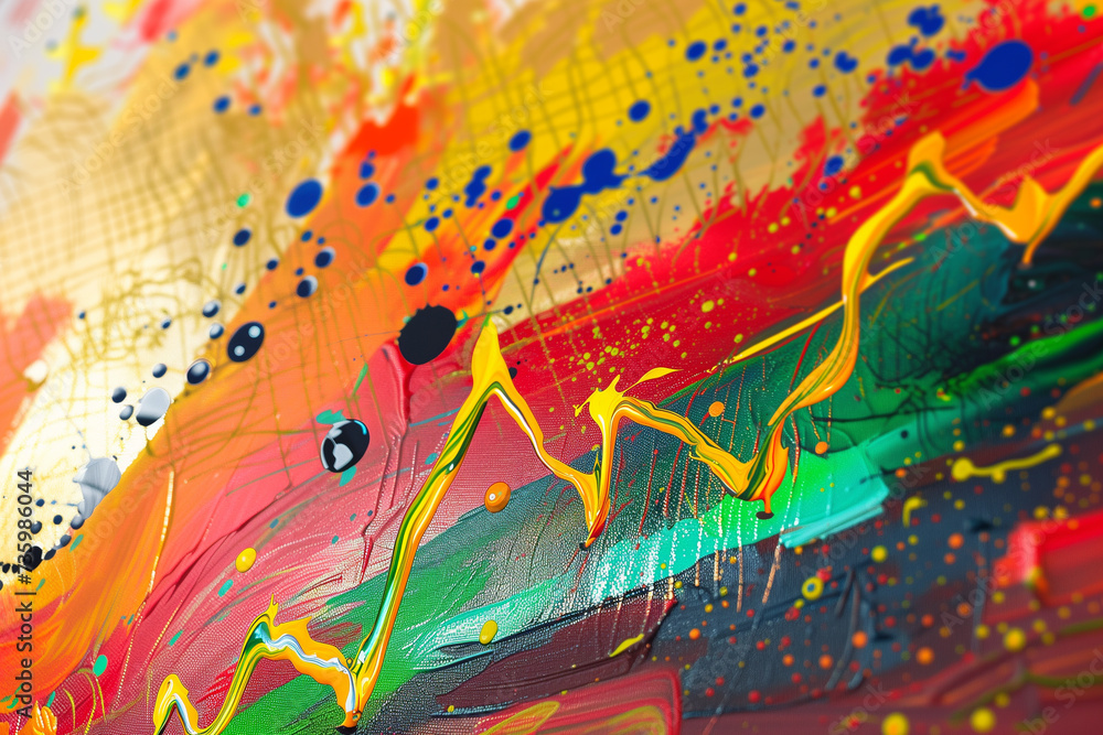 stock graph or investment financial data, with colorful, flowing lines showing profit growth against a canvas of splattered paint, symbolizing financial success.