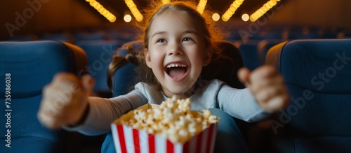 A little girl with a big smile looking excitedly at a bucket of freshly popped popcorn photo