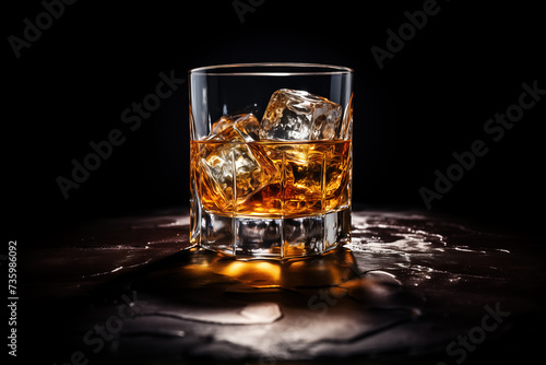 Whiskey glass with ice cubes on black background.