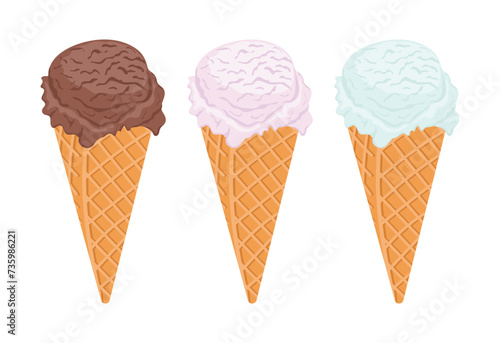 Set of hand drawn ice cream cones vector illustration, scoop of gelato of different flavours in a waffle cone