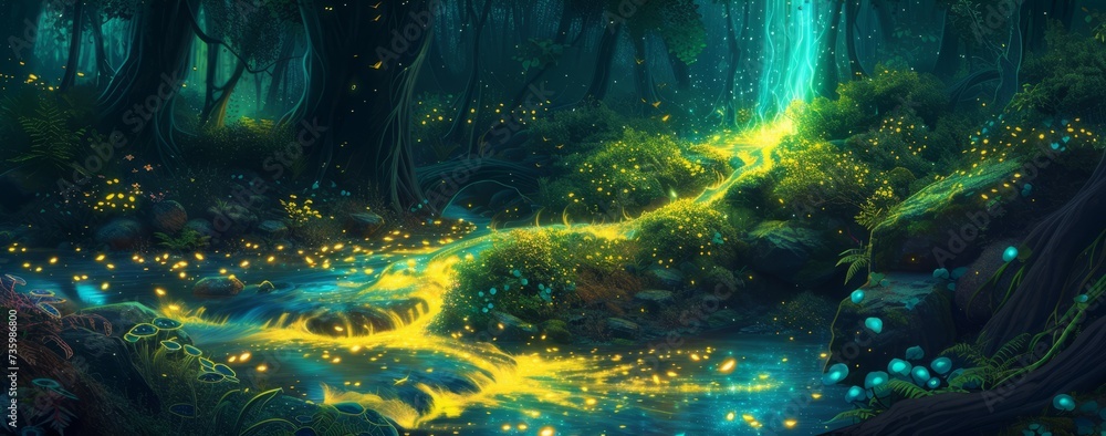 A fantastical landscape where a river of liquid light winds through a dark forest, illuminating an array of exotic, luminescent flora.