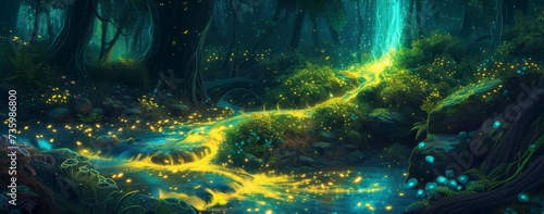 A fantastical landscape where a river of liquid light winds through a dark forest, illuminating an array of exotic, luminescent flora. © Bilas AI