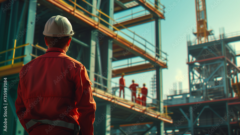 An engineer technician stands at the forefront, watching a team of workers diligently assembling a structure on a high steel platform. An engineer technician stands at the forefront, watching a team of workers diligently assembling a structure on a high steel platform.