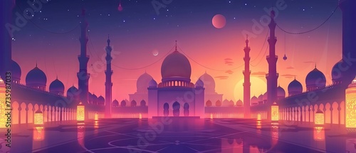 Ramadan Kareem greeting card with golden mosque and colorful lanterns on dark background