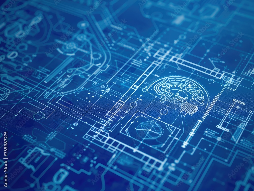 Futuristic AI blueprint icon with sharp-focus, showcasing hyper-realistic inner workings. Technological stock image depicting computer programming and data algorithm.