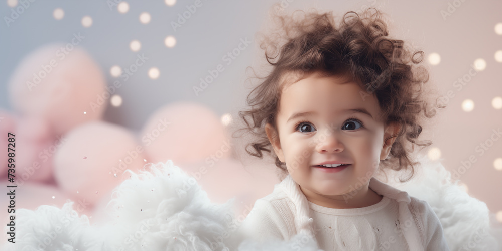 Cute little baby in cozy room. Banner with copy space. Shallow depth of field. Cute little baby in cozy room. Banner with copy space. Shallow depth of field.