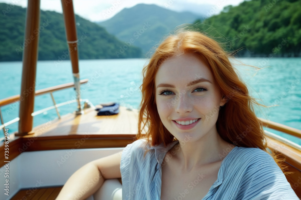 Beautiful young woman relaxing on a boat on summer vacation