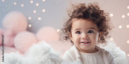 Cute little baby in cozy room. Banner with copy space. Shallow depth of field.