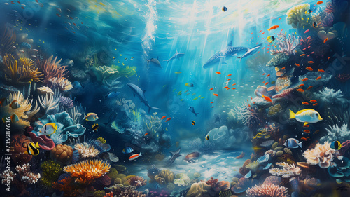 underwater scene filled with serene blue tones and gentle sea creatures, juxtaposed with the vibrant blue sky above, dotted with wispy clouds and the radiant sun.
