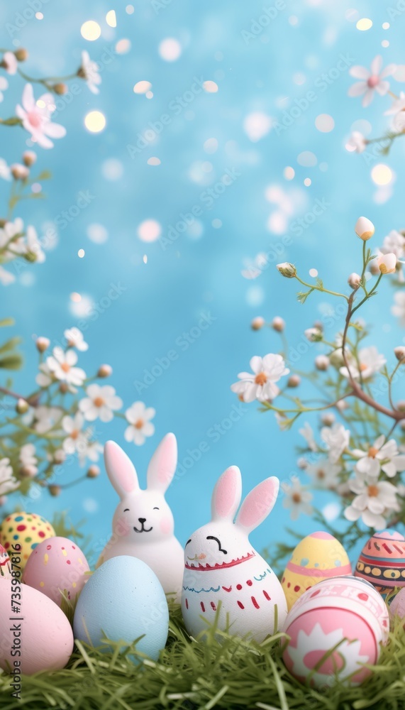 Toy rabbits sitting on grass, colorful handmade, decorated eggs against blue background with spring flowers, seasonal décor, concept happy Holliday, copy space, design of Easter sale, card, bunny, 2:3