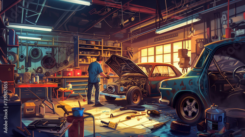 Auto mechanic working on a car's broken engine in a mechanic's service garage. © CtrlN