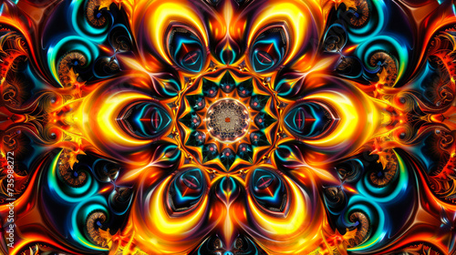 Visionary Fractal Essence: An Exquisite Array of Colors Where Fiery Oranges Dance with Deep Blues. A Mesmerizing Pattern that Embodies Modern Art, Perfect for Dynamic Wallpapers and Creative Backg
