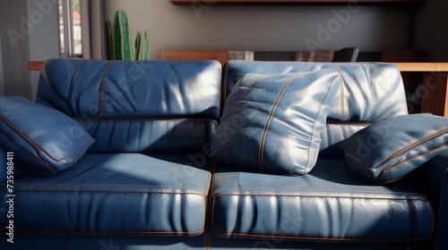 denim pillows, adding a casual touch to a leather couch